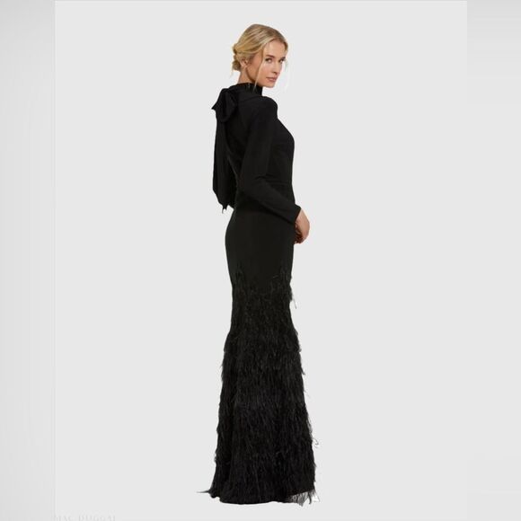MAC DUGGAL 11839 Black Jersey Long Sleeve High Neck Feather Gown - Picture 6 of 16
